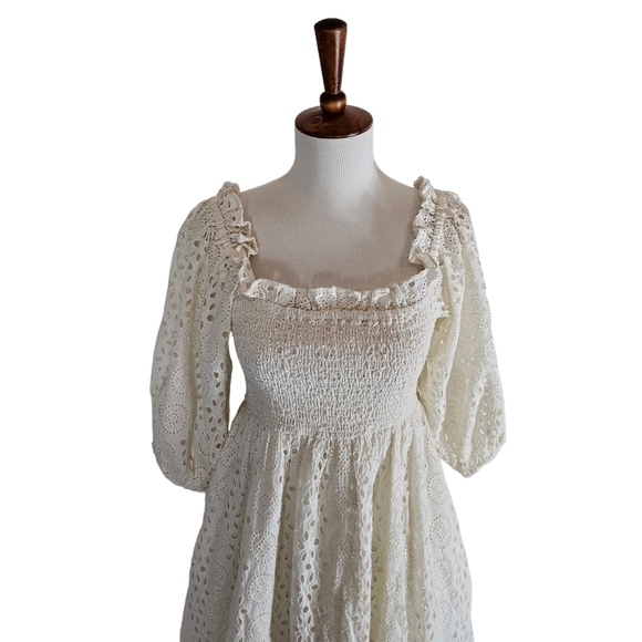 Cleobella Ivory Eyelet Puff Sleeve Cotton Mini Dress Small Cottagecore Preowned - Picture 3 of 8